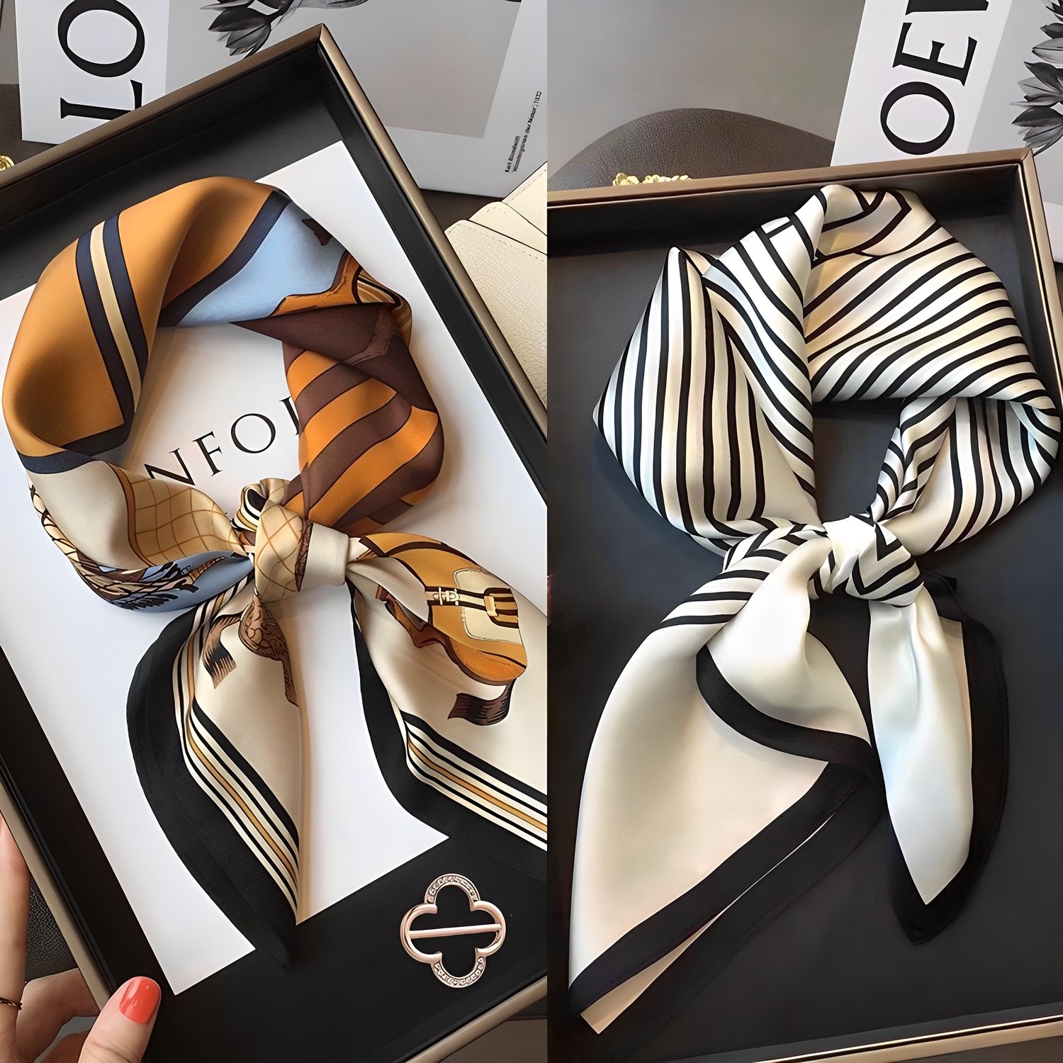 가을 분위기 여신은 나야 나! 🌸 온더레드 여성 패션 사각스카프 2종 세트, 이 가격에 스카프링까지?