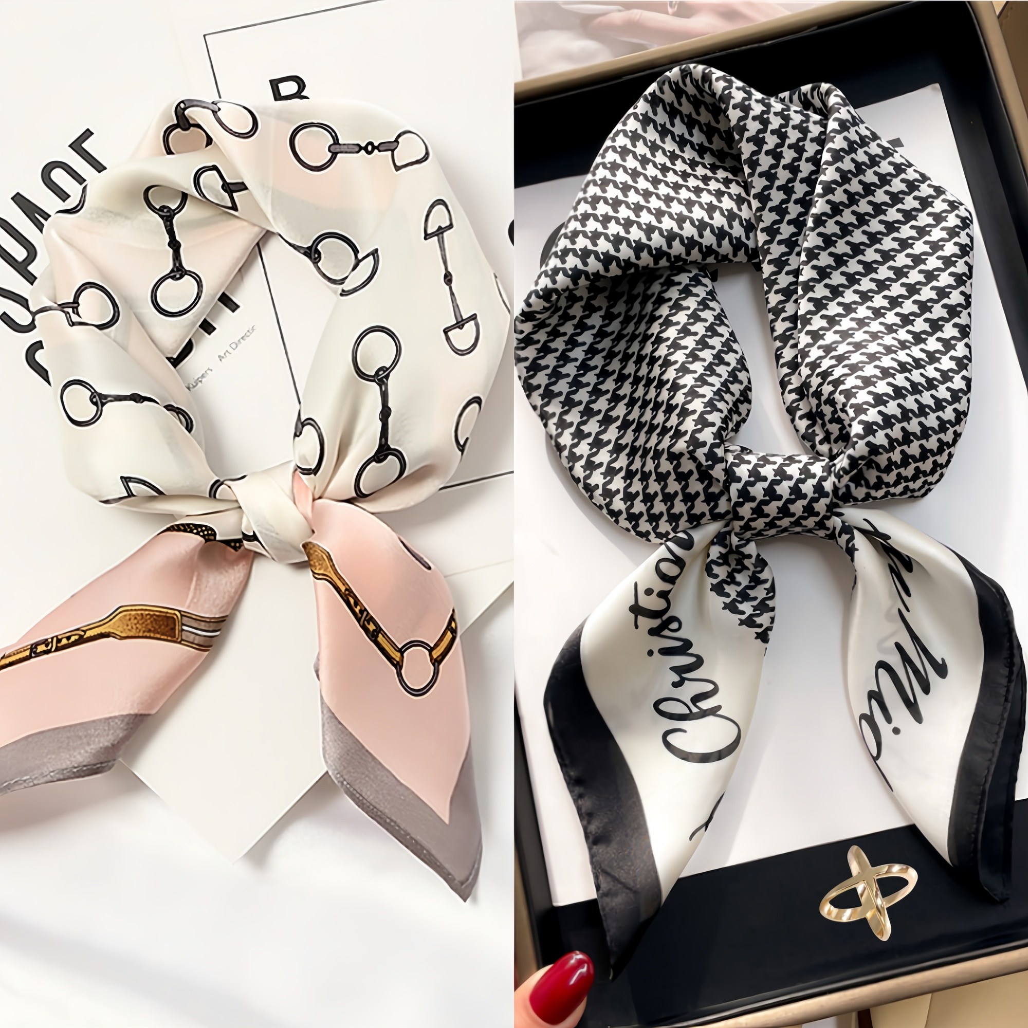 단돈 9900원으로 가을 코디 완성! 엘르온 여성 고급 패션 사각스카프 2종세트 스카프링 포함, 이건 무조건 사야 해!